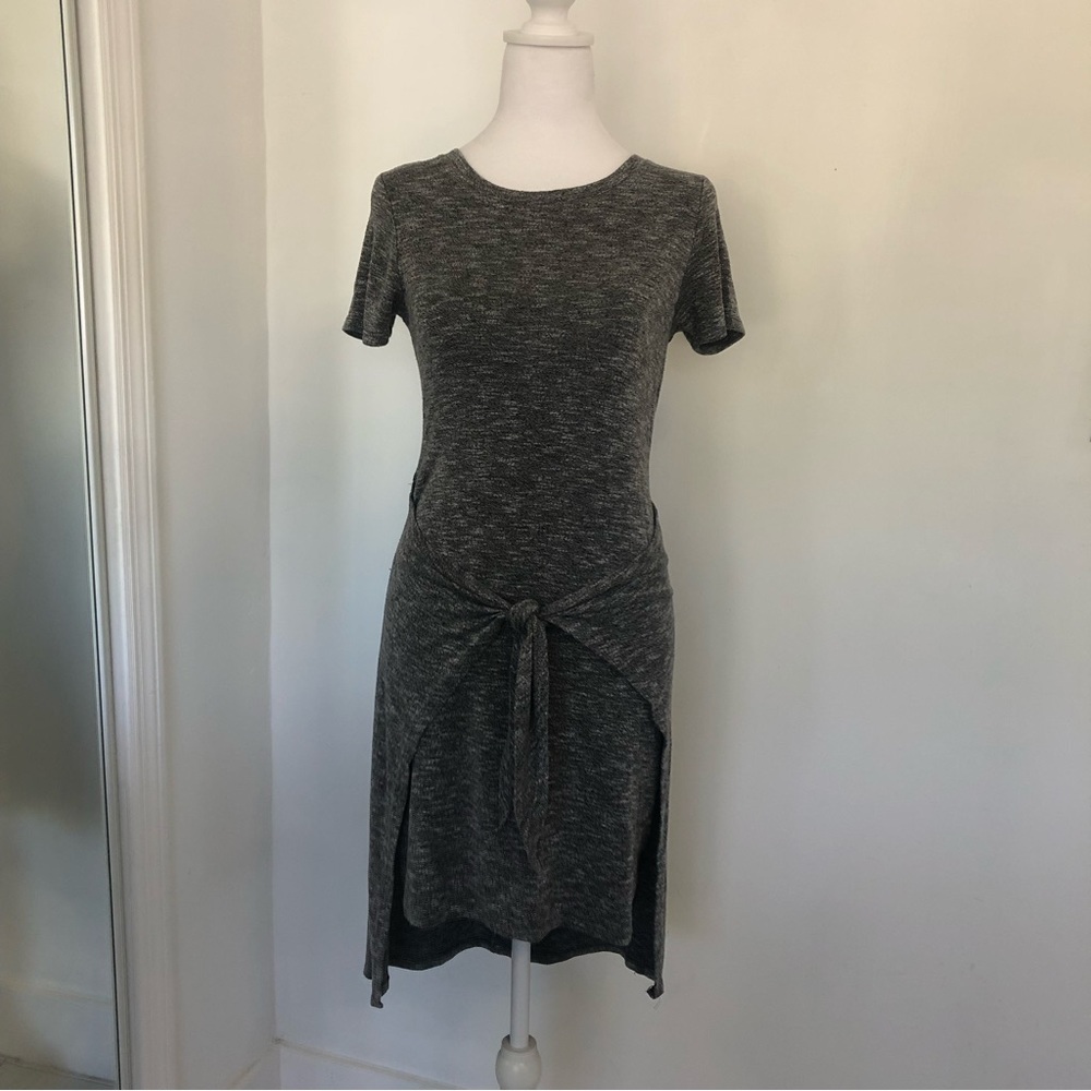 LUCKY BRAND Women Heathered Grey Tie Front Short Sleeve Mini Knit Dress Sz S